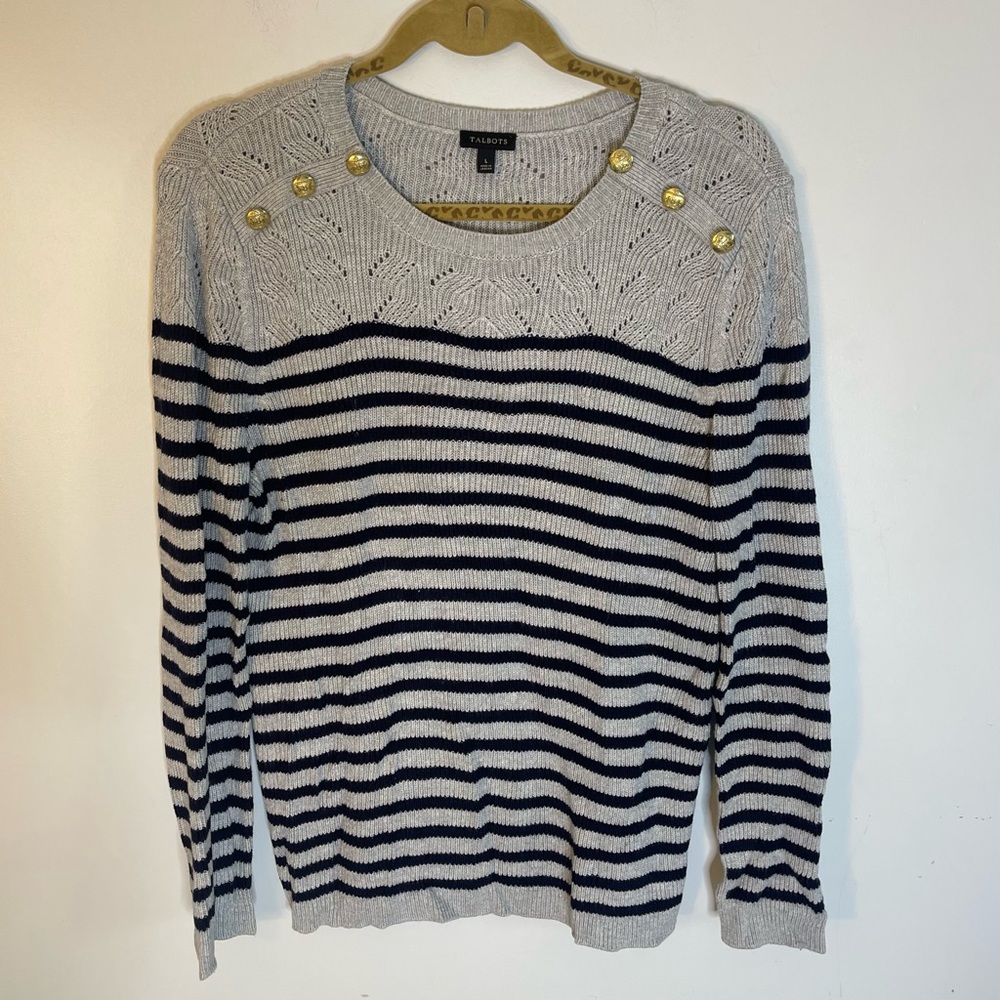 TALBOTS Navy and Gray Striped Knit Button Detail Rayon Blend Sweater Size Large